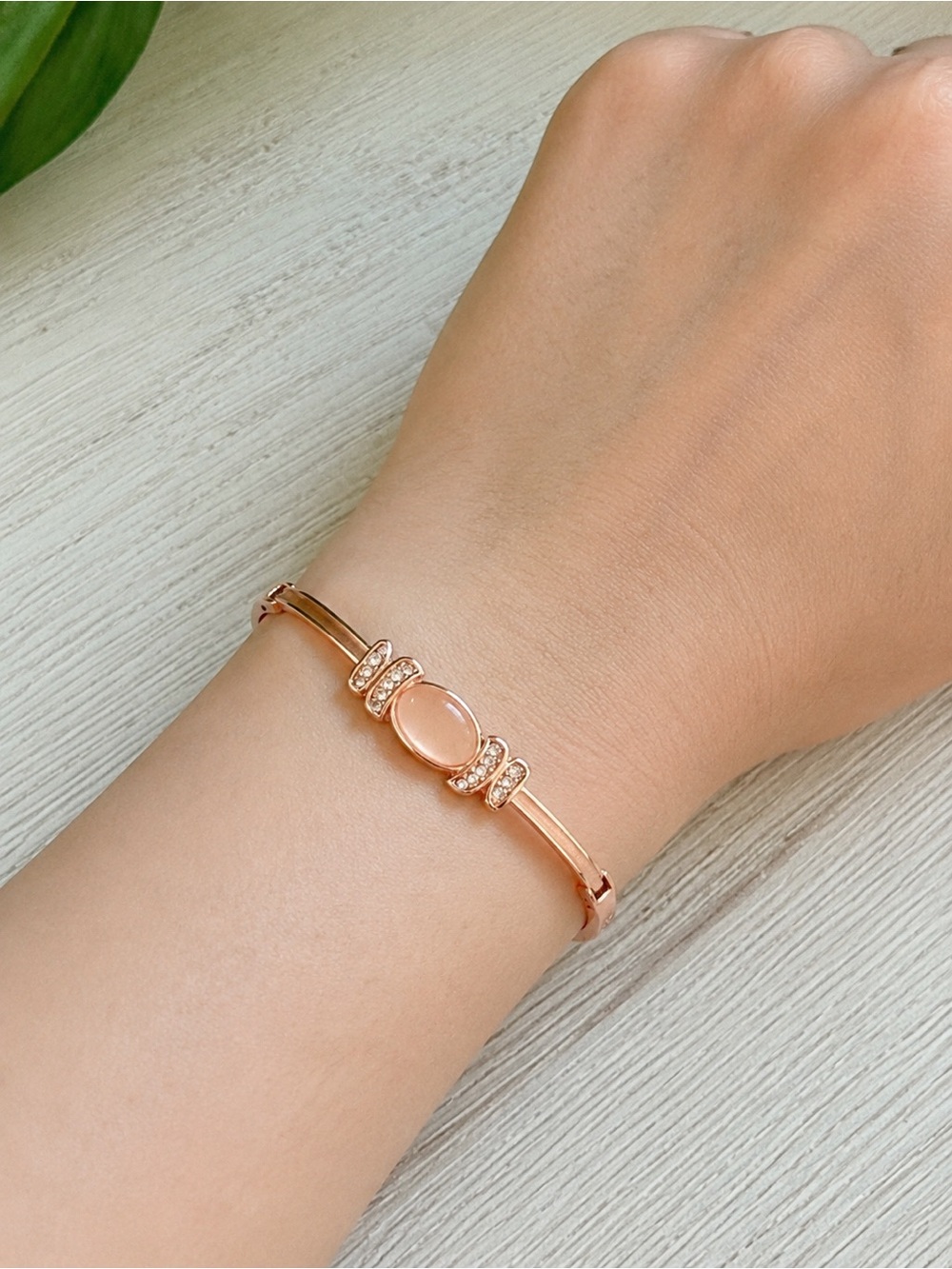Rose Gold Oval Stone Bangle Bracelet Soft pink Oval Stone Crystal Accents